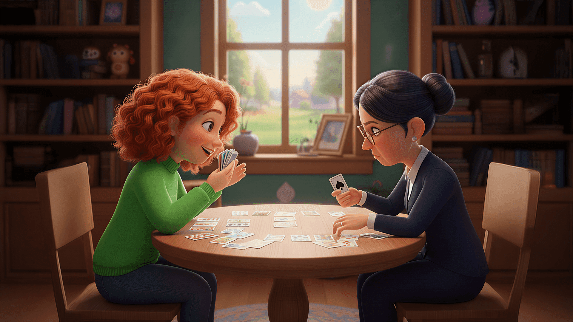 Two people sitting at a table sorting playing cards, representing different types of FreeCell gameplay variations.