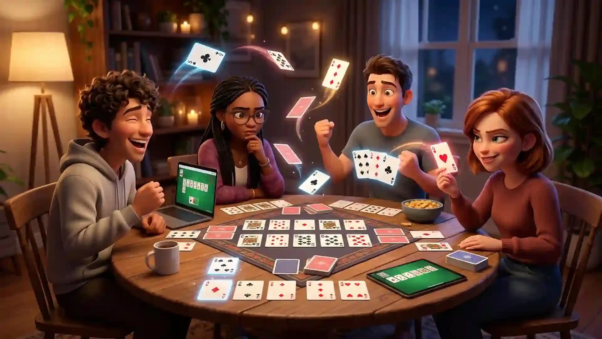 Four friends enjoying a lively card game night around a table, playing cards together in a fun and social atmosphere.
