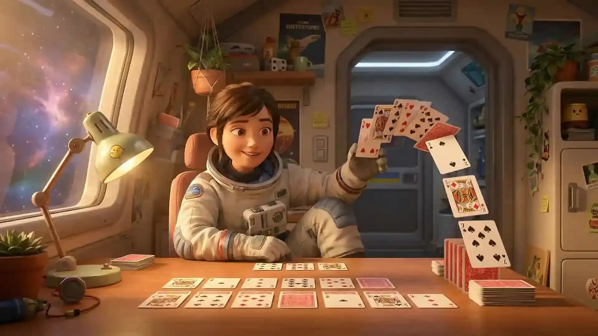 Animated astronaut playing FreeCell solitaire in a space station, cards floating in mid-air