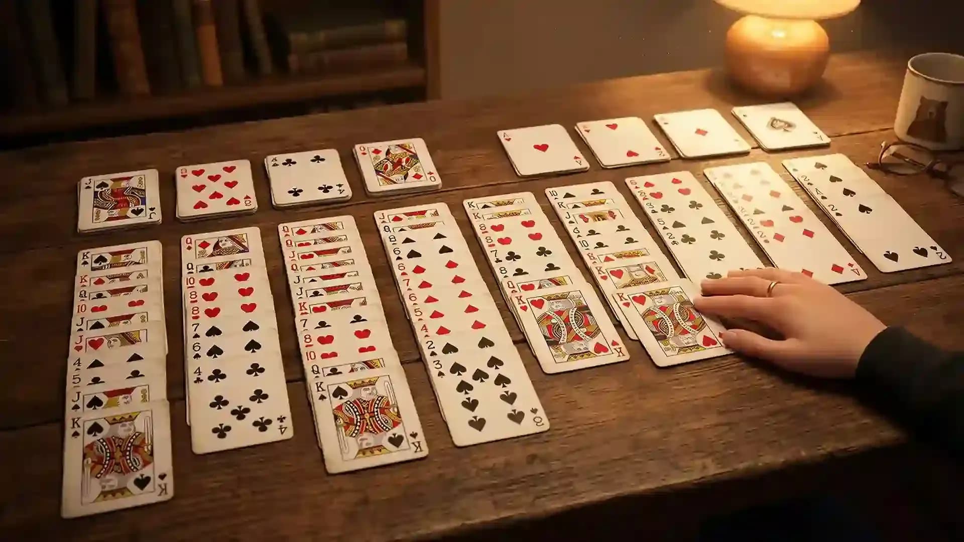 Challenging FreeCell solitaire layout with multiple card columns and a player planning strategic moves on a wooden table