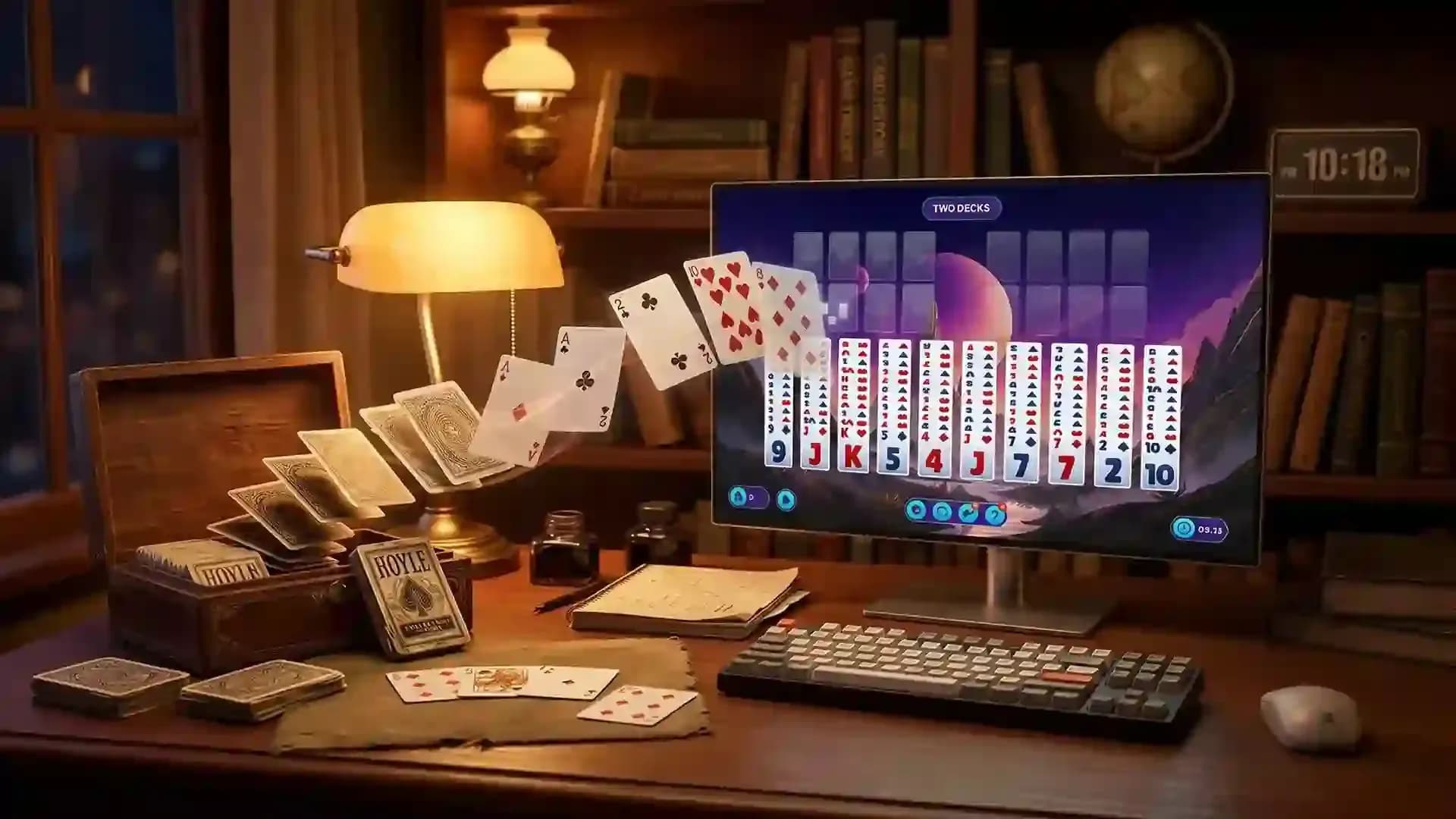 Illustration of FreeCell Solitaire’s evolution from traditional card play to modern digital versions.