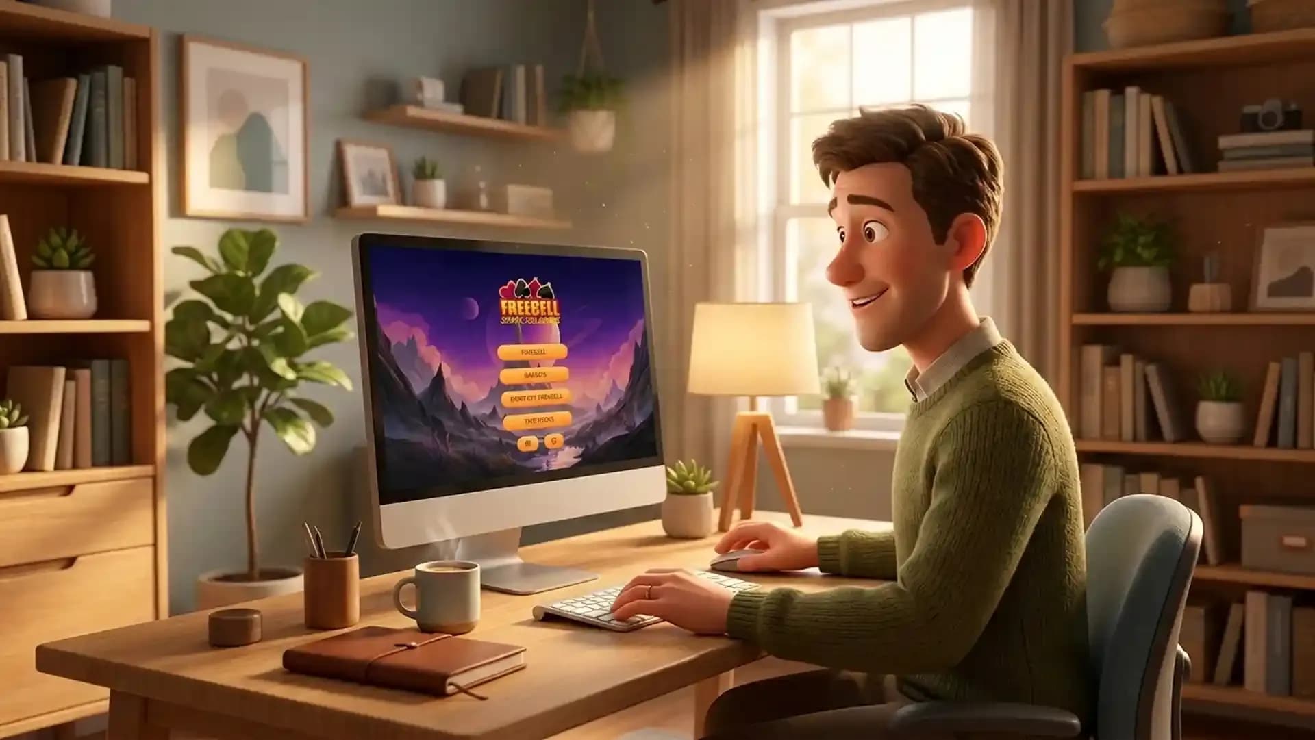 Person playing a 123 FreeCell alternative online on a desktop computer with no download required in a modern home office.