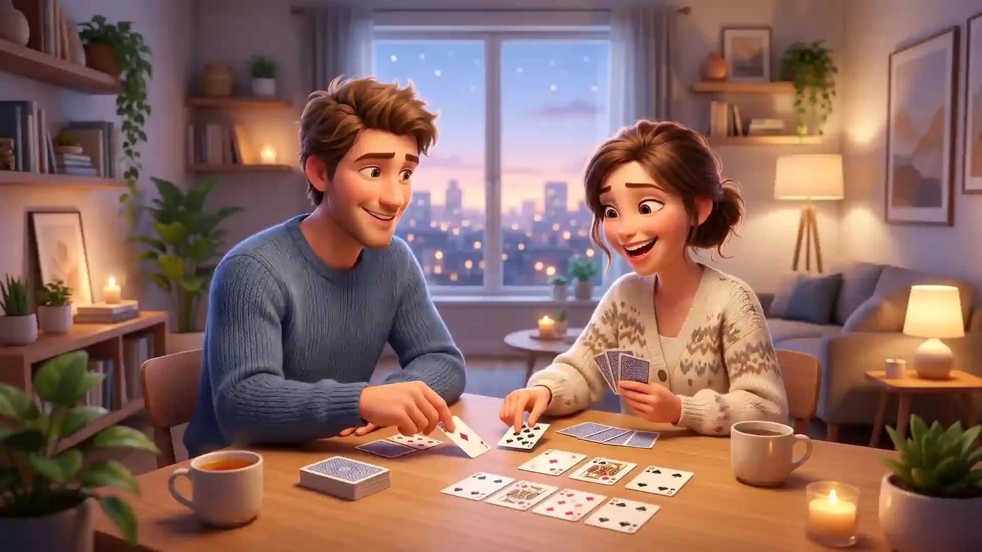 Couple enjoying a cozy date night playing a 2 player card game at home with cards on a table and warm lighting