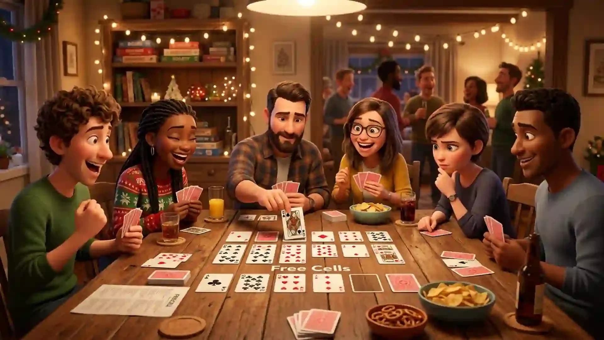 Friends gathered around a table playing party card games, laughing and enjoying a fun social game night with snacks and drinks.