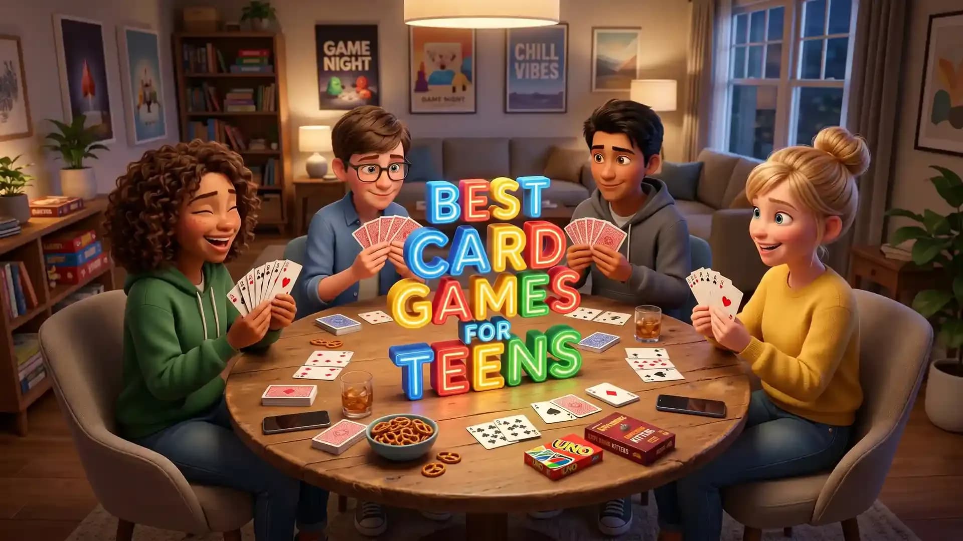 Group of teenagers gathered around a table during game night, playing card games and laughing together, with colorful “Best Card Games for Teens” text displayed in the center and various card game decks on the table.