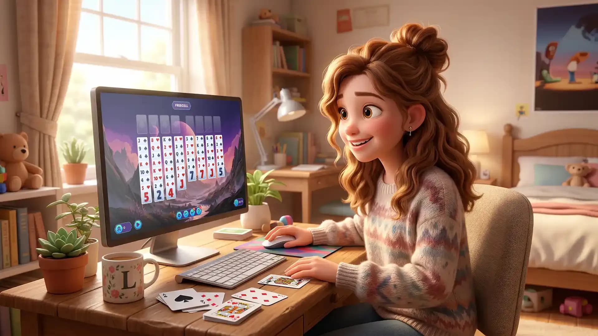 Girl playing FreeCell online as a modern Green Felt FreeCell alternative