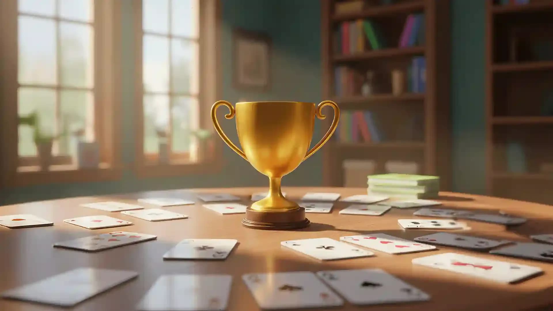 Golden trophy surrounded by scattered playing cards on a table symbolizing FreeCell game outcomes