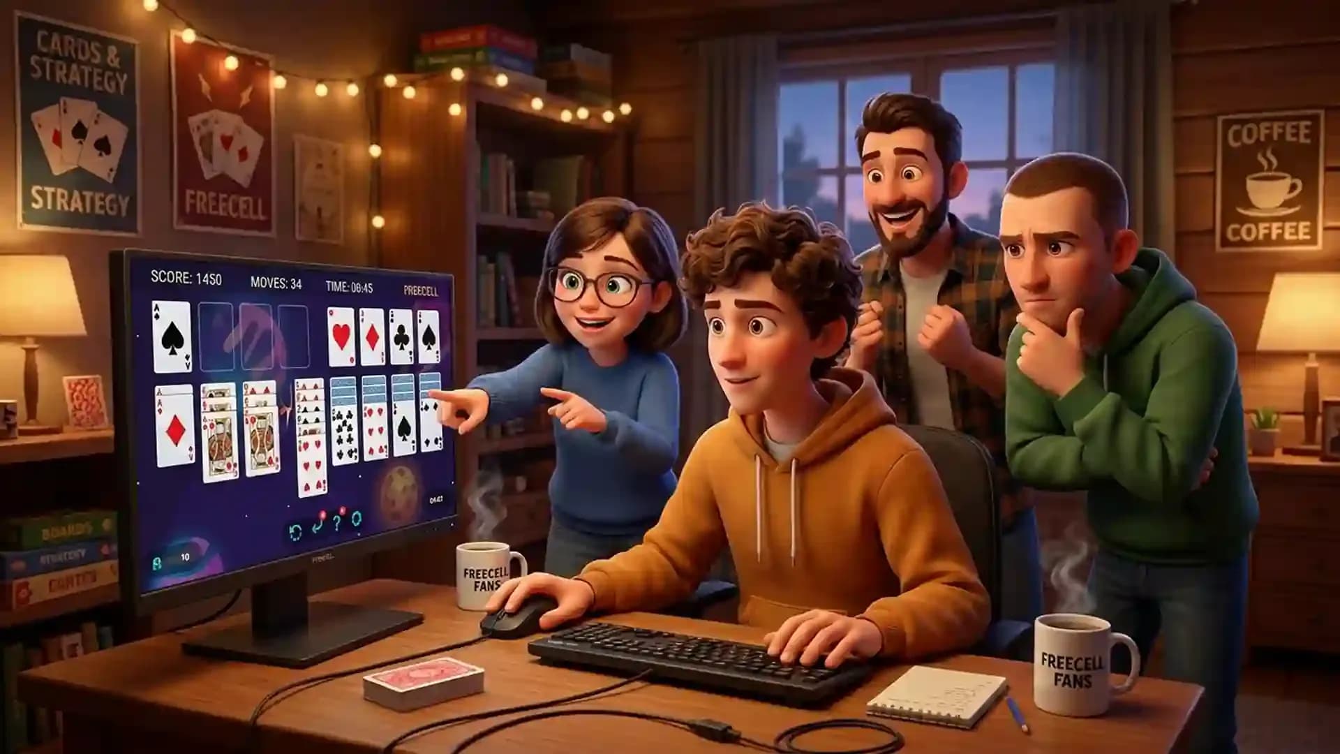 Group of friends analyzing a FreeCell game on a computer, highlighting how card games improve memory, concentration, and cognitive skills.