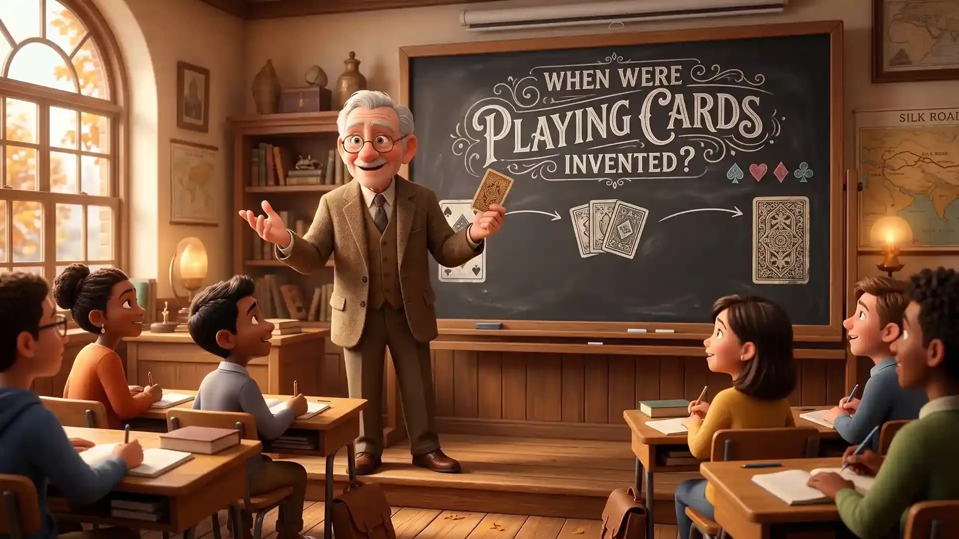 Illustrated classroom scene with a teacher holding a playing card while explaining the history of playing cards to students, standing in front of a chalkboard displaying the question “When Were Playing Cards Invented?”